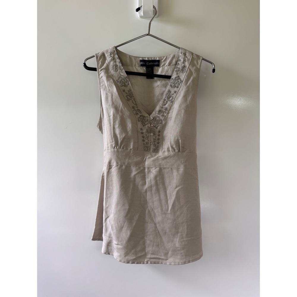 Mlle Gabrielle Tan Embroidered V-Neck Tie Back Ramie Rayon Blouse NWT Large